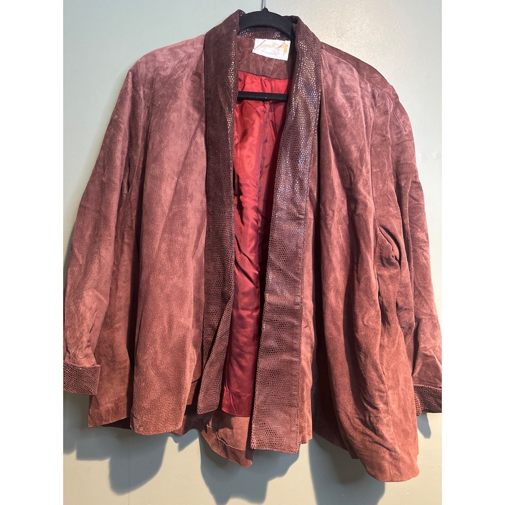 Vintage Sumiko of America Suede Leather Jacket Brown Reptile Embossed Trim